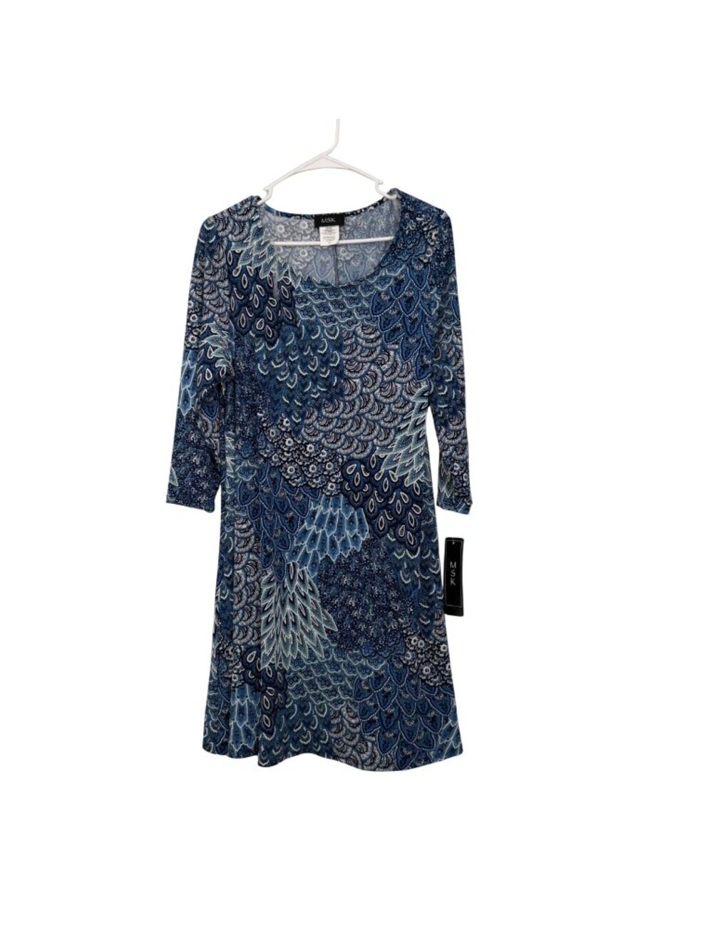 MSK Womens Blue & White Paisley Print Knee Lenght Dress With 3/4 Sleeves Size XL